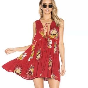 Free People Lovely Day Floral Printed Red Boho Tunic Mini Dress M Beach